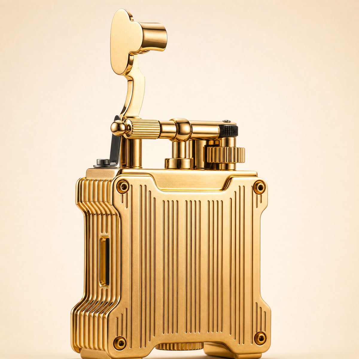 The Viscount ribbed brass table lighter on an ivory studio background